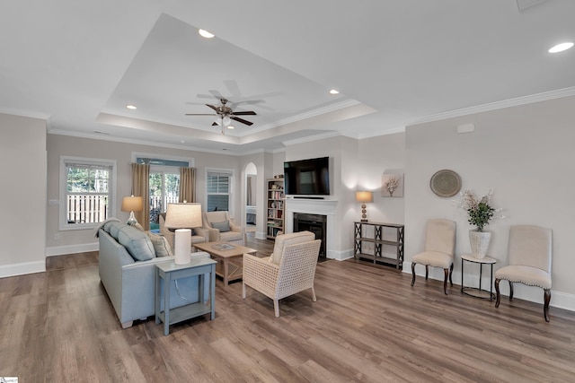 living room featuring a raised ceiling, ornamental molding, and hardwood / wood-style floors