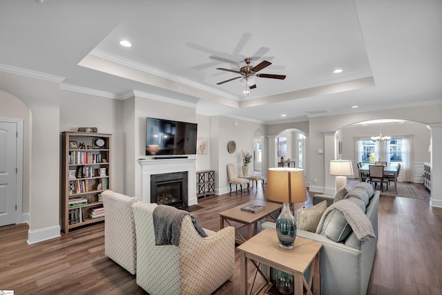 living room featuring a tray ceiling and dark hardwood / wood-style floors