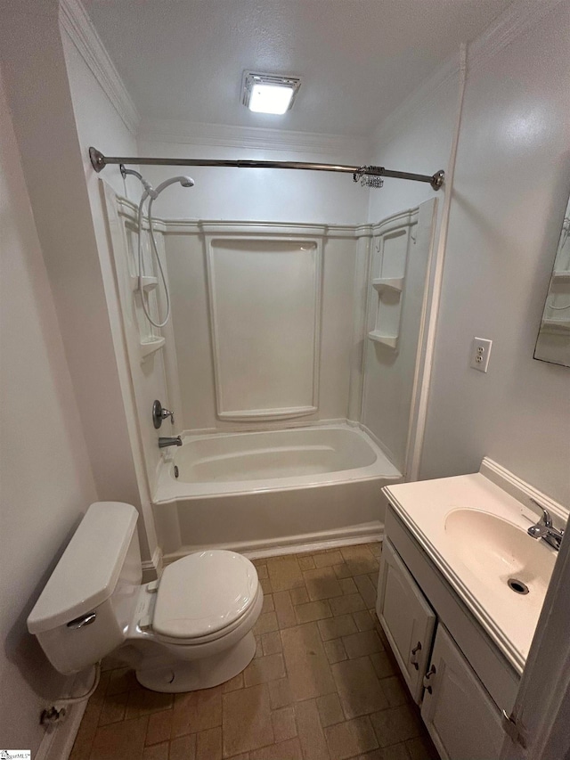 full bathroom featuring vanity, a textured ceiling, shower / bathtub combination, crown molding, and toilet