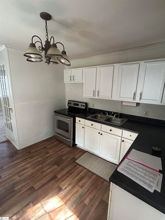 kitchen featuring dark hardwood / wood-style floors, white cabinets, electric stove, and sink