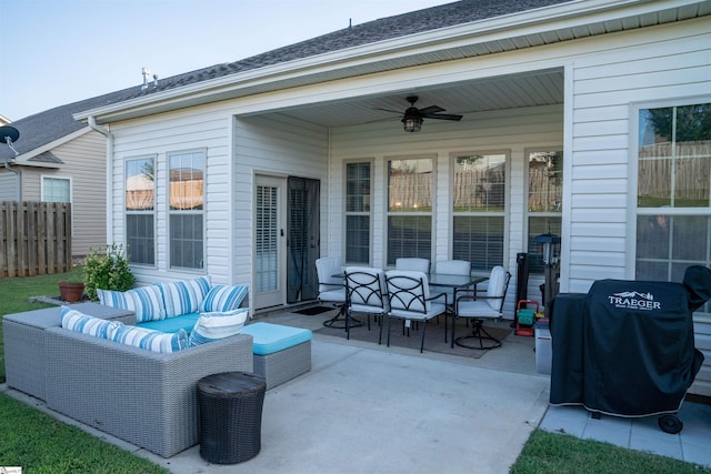 view of patio featuring ceiling fan, an outdoor hangout area, and area for grilling