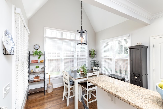 dining area with lofted ceiling, dark wood-type flooring, plenty of natural light, and crown molding