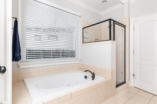 bathroom with ornamental molding, tile patterned flooring, and plus walk in shower