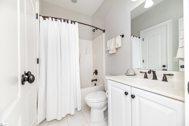 full bathroom with toilet, tile patterned flooring, vanity, and shower / tub combo