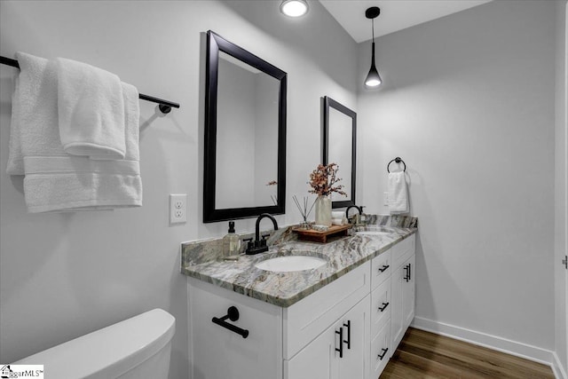 bathroom featuring toilet, vanity, and wood-type flooring