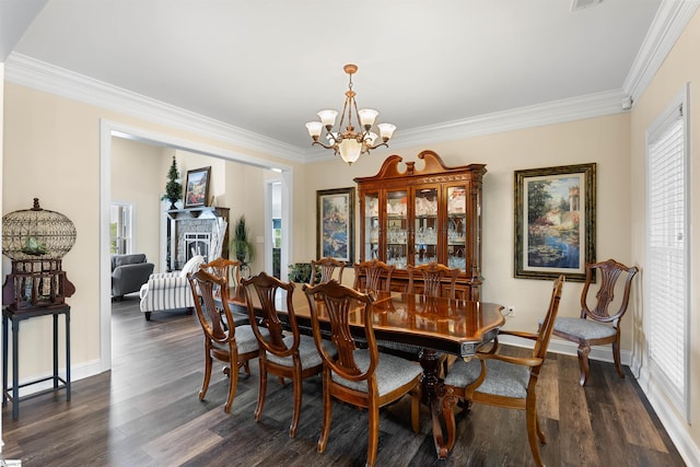 3560 Pelzer Hwy, Easley, SC 29642 - dining area featuring a chandelier, dark wood finished floors, ornamental molding, baseboards, and a fireplace