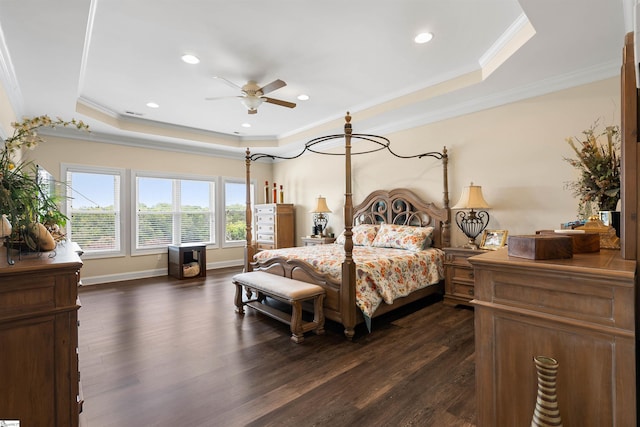 3560 Pelzer Hwy, Easley, SC 29642 - bedroom with a tray ceiling, dark wood-style flooring, ornamental molding, recessed lighting, and baseboards