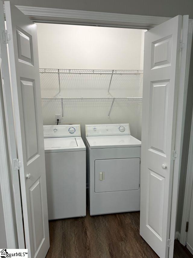 clothes washing area featuring washer and dryer and dark wood-type flooring