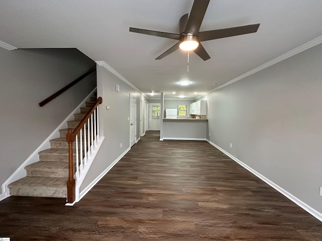 unfurnished living room with ornamental molding, dark hardwood / wood-style floors, and ceiling fan