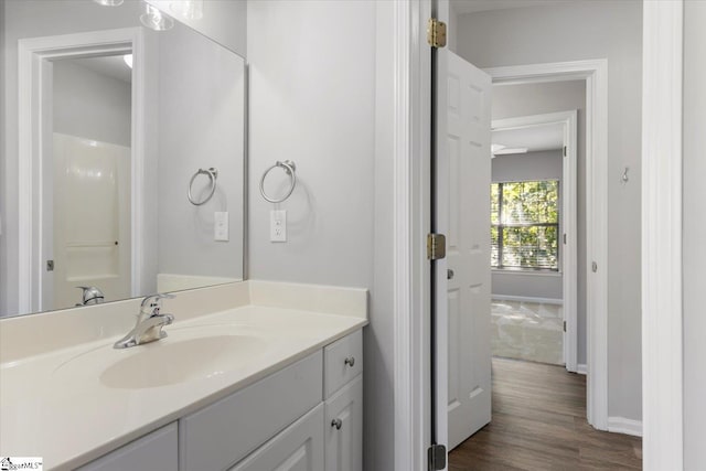 bathroom featuring vanity and hardwood / wood-style flooring