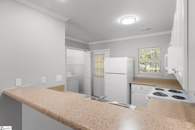 kitchen with ornamental molding, washer / clothes dryer, sink, and white appliances