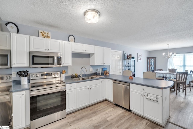 kitchen with appliances with stainless steel finishes, sink, kitchen peninsula, and white cabinets