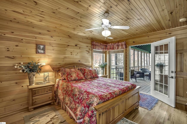 304 Cliff Ridge Dr, Cleveland, SC 29635 - bedroom featuring ceiling fan, wood walls, access to exterior, and light wood-style flooring