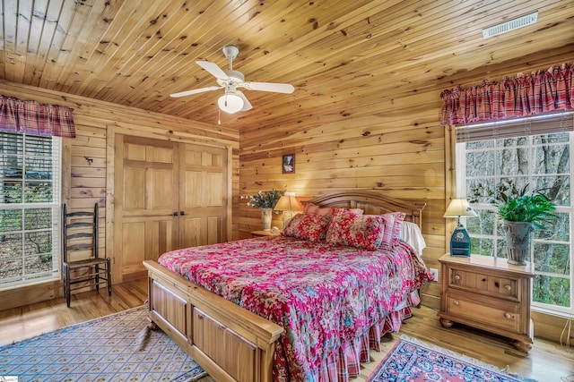 bedroom with wooden walls, wood ceiling, light wood-type flooring, and ceiling fan