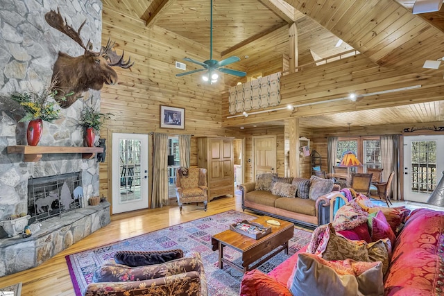 304 Cliff Ridge Dr, Cleveland, SC 29635 - living room with wooden ceiling, wood walls, a towering ceiling, and visible vents