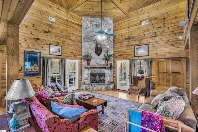 304 Cliff Ridge Dr, Cleveland, SC 29635 - living area with high vaulted ceiling, wood finished floors, wood walls, and wood ceiling