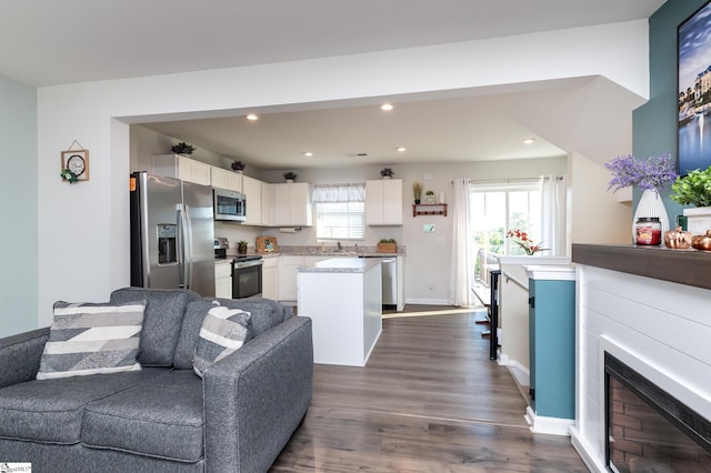 living room featuring sink and dark hardwood / wood-style floors