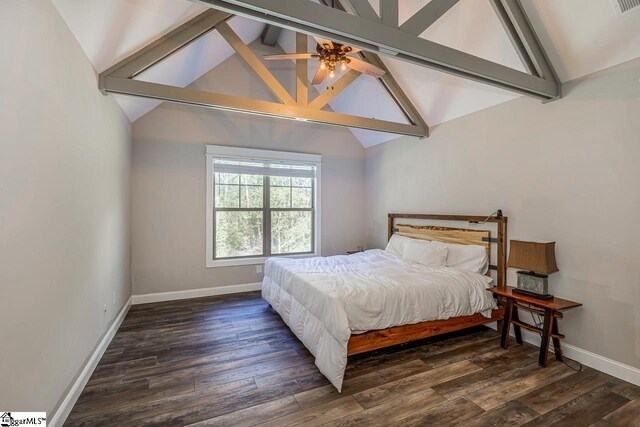 bedroom with beamed ceiling, dark wood-type flooring, high vaulted ceiling, and ceiling fan