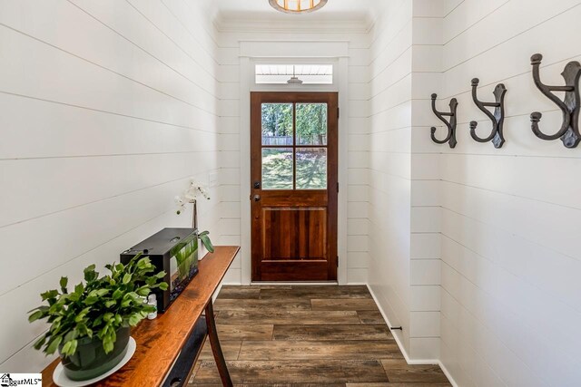 doorway with wooden walls and dark hardwood / wood-style flooring