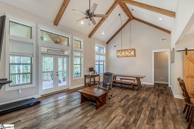 living room with beam ceiling, a barn door, high vaulted ceiling, dark hardwood / wood-style floors, and french doors