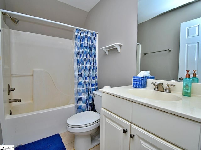 full bathroom with vanity, toilet, shower / bathtub combination with curtain, and tile patterned flooring