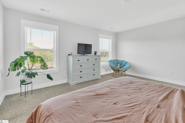 bedroom featuring light carpet and multiple windows