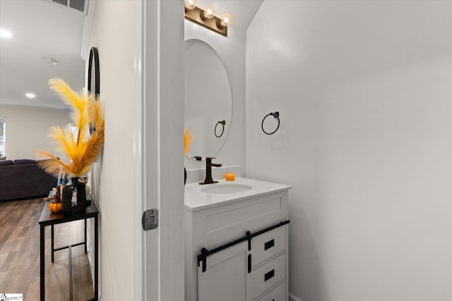 bathroom with vanity and wood-type flooring