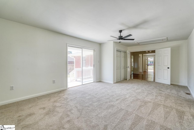 unfurnished bedroom with ceiling fan, light colored carpet, and access to exterior