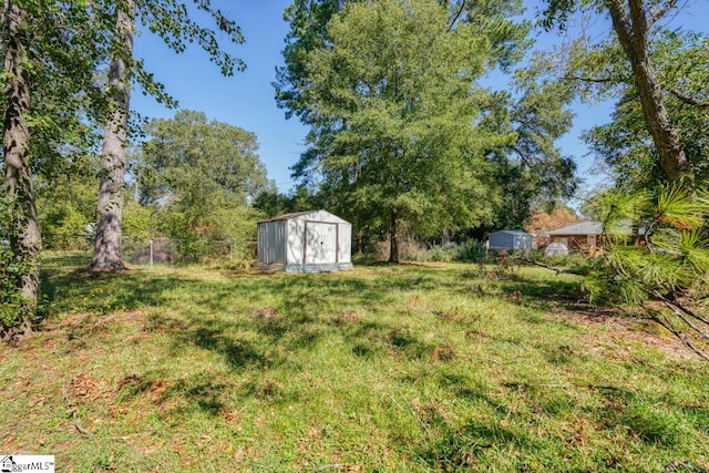 view of yard with a storage shed