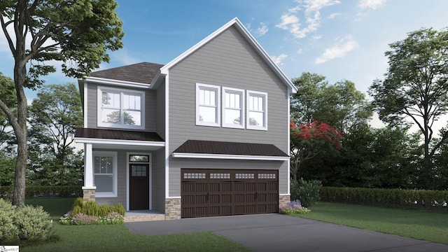 view of front of home featuring a front yard and a garage