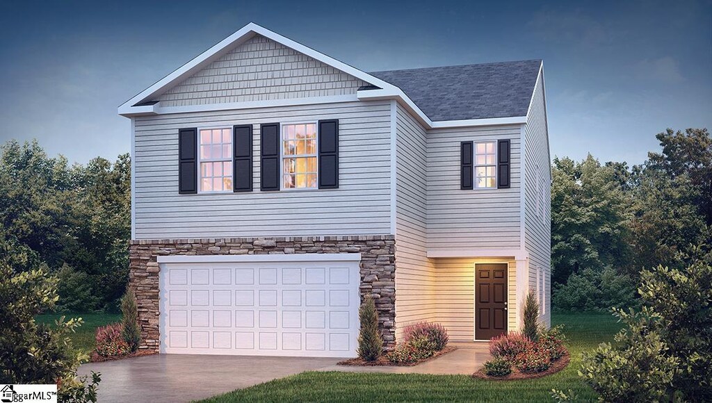 craftsman-style house featuring stone siding, an attached garage, concrete driveway, and a shingled roof