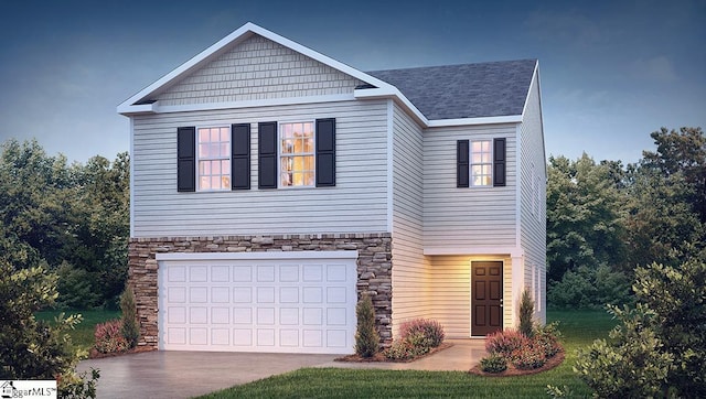 craftsman-style house featuring stone siding, an attached garage, concrete driveway, and a shingled roof