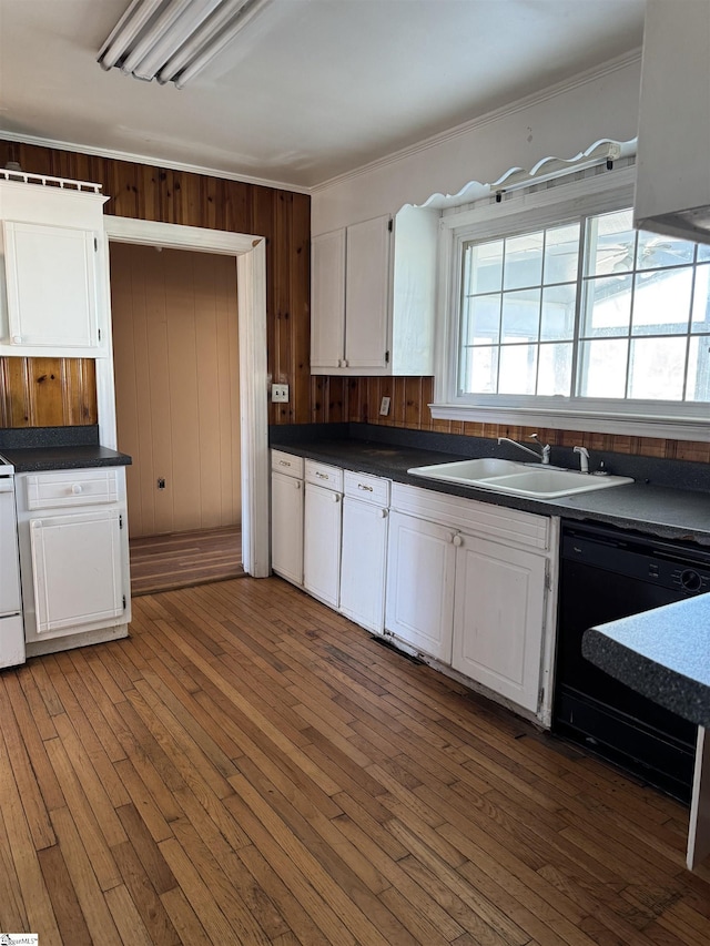 kitchen featuring dishwasher, dark hardwood / wood-style flooring, white cabinets, and sink