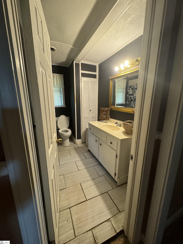 bathroom featuring vanity, a textured ceiling, and toilet