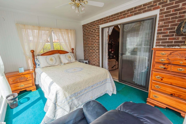 carpeted bedroom featuring ornamental molding, brick wall, and ceiling fan