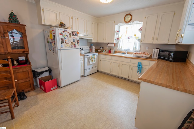 kitchen featuring sink, crown molding, and white appliances