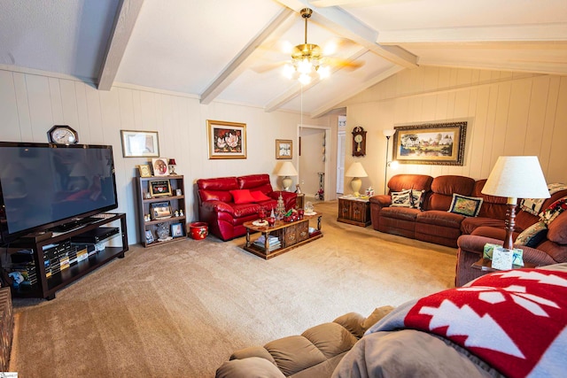 living room with carpet, lofted ceiling with beams, wooden walls, and ceiling fan