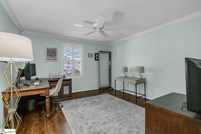 office featuring dark wood-type flooring, ceiling fan, and ornamental molding