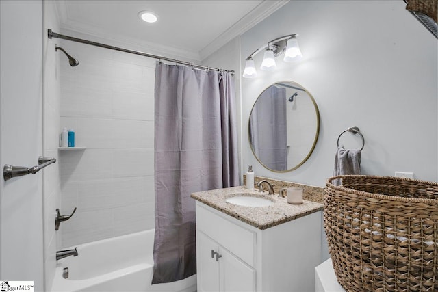 bathroom with vanity, crown molding, and shower / bathtub combination with curtain