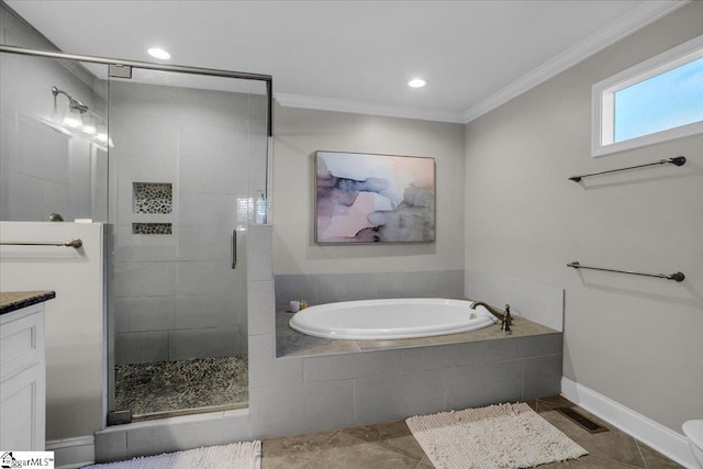 bathroom with vanity, separate shower and tub, and ornamental molding