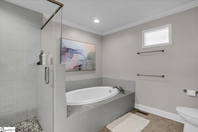 bathroom featuring toilet, crown molding, tile patterned floors, and separate shower and tub