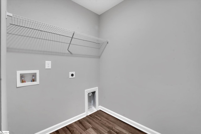 laundry room featuring hookup for an electric dryer, wood-type flooring, and washer hookup