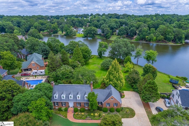 birds eye view of property featuring a water view