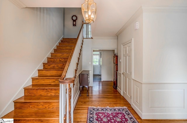 stairs with ornamental molding and hardwood / wood-style floors