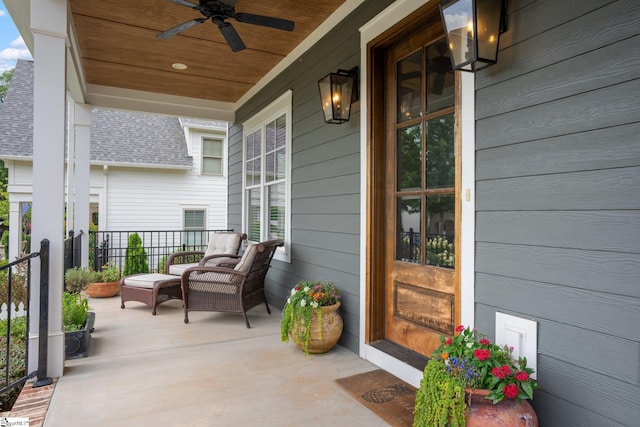 view of patio / terrace with covered porch, ceiling fan, and an outdoor living space