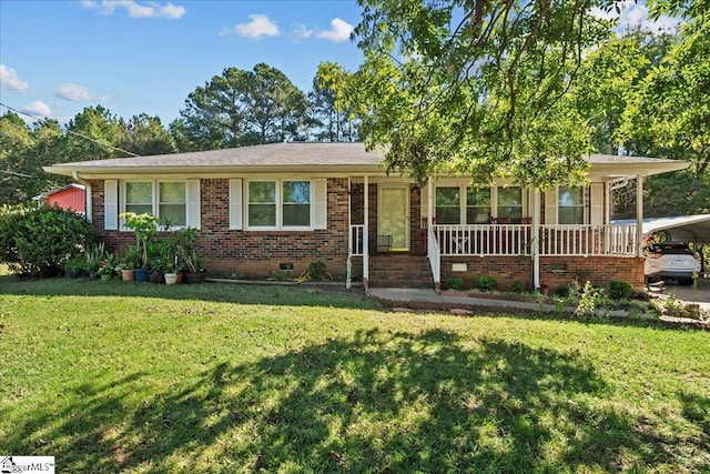 single story home featuring a carport, a front lawn, and a porch