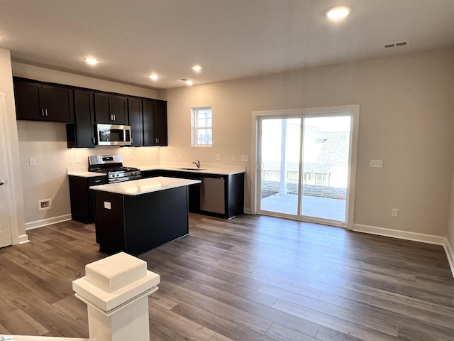 kitchen featuring a kitchen island, appliances with stainless steel finishes, a sink, and wood finished floors