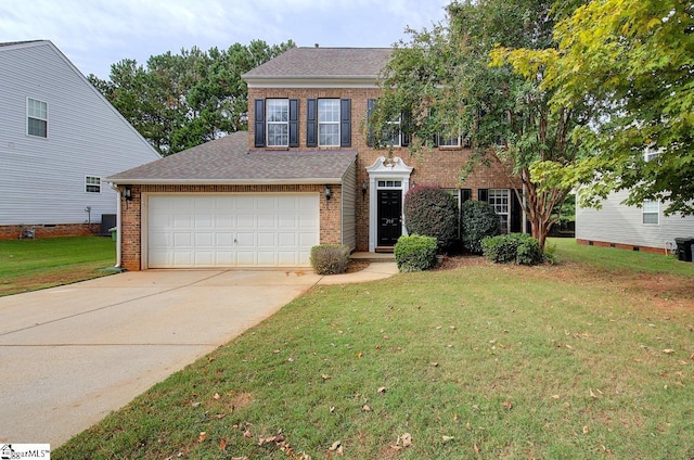 colonial house with central AC, a front yard, and a garage