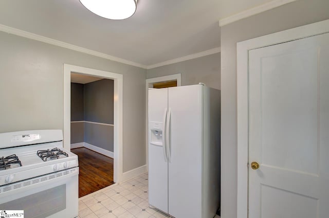 kitchen featuring white appliances, crown molding, and light hardwood / wood-style flooring