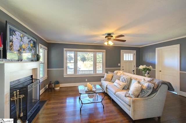 living room with ornamental molding, dark wood-type flooring, and ceiling fan